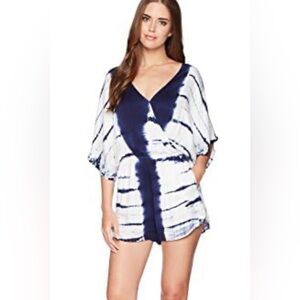 Revolve Green Dragon Tie Dye Kimono Sleeve Romper Blue White Resort Vacation M